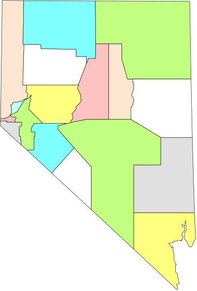 The map shows a stylized representation of Nevada with various counties highlighted by different colored blocks within its borders.