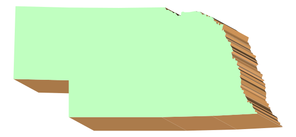 The image shows a green rectangle with jagged edges on top of another rectangular shape that appears to be brownish-orange in color; both shapes have an abstract design within them.