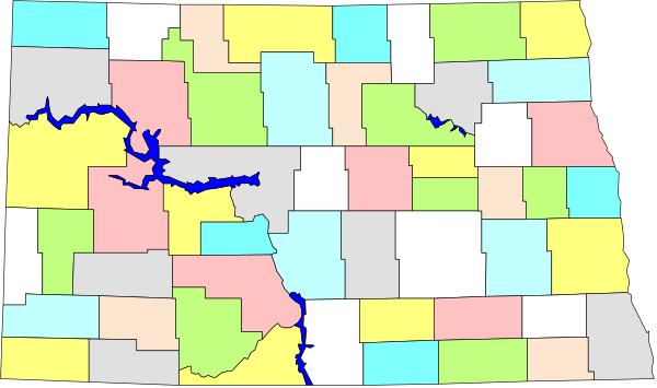 The image shows a stylized map of an area with various colored regions labeled "North," "South," etc., indicating different counties within that region.