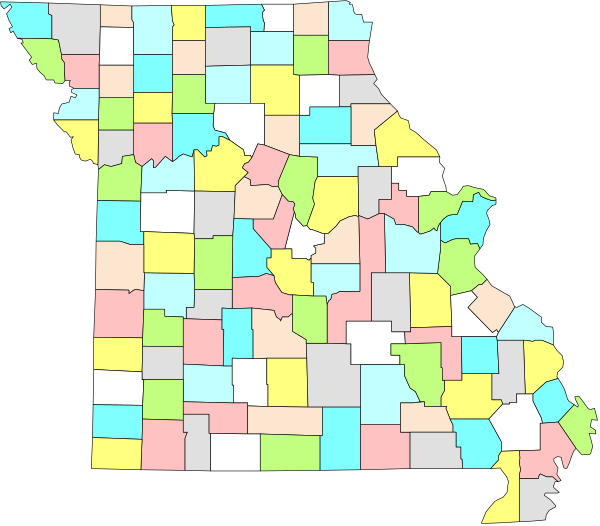 The map shows a state with counties outlined by different colored borders within its boundaries.
