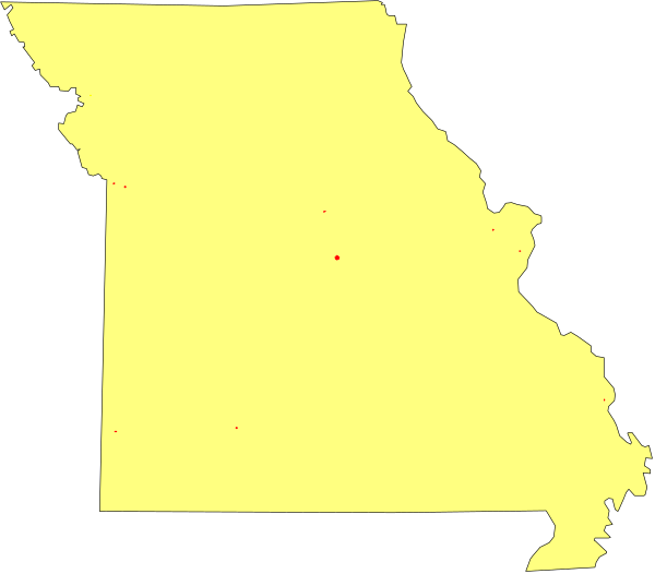 The image shows a stylized map of Missouri with its borders highlighted against a black background.