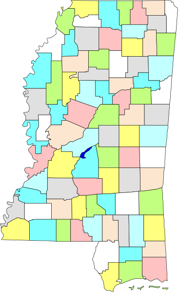 The map shows a state with various counties highlighted by different colored blocks within its borders; it is overlaid on an image of Alabama's shape in black outline against a grey background.
