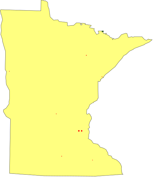 The map shows a stylized outline of minnesota with counties highlighted by red dots against a black background.