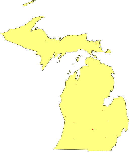 The map shows a stylized representation of Michigan with its borders highlighted by yellow lines on top of an outline that appears to be from another state in red coloring.
