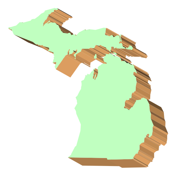 The image shows a stylized map of Michigan with its outline highlighted against a black background.