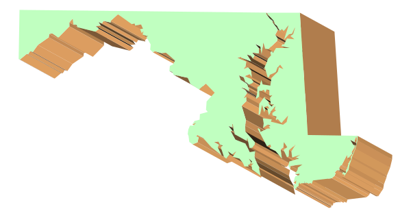 The image shows a stylized map of an area with distinct geographical features such as mountains and valleys depicted in shades of green against a darker background.