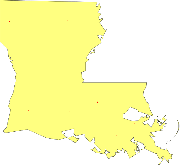 The image shows a map of Louisiana with an overlay that appears to be some sort of data visualization indicating areas marked in red dots across various regions within the state's borders.