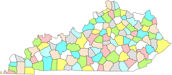 The image shows a map of Kentucky with colorful stickers placed on it to represent different locations within the state.