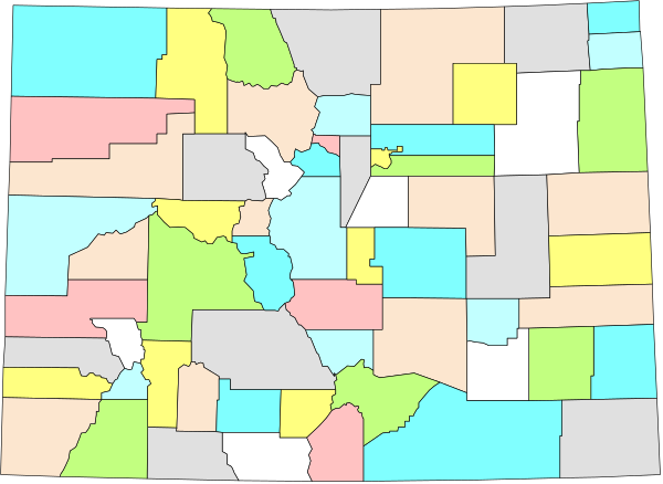 The image shows a stylized map of an area with various regions highlighted by different colored blocks; it is presented as clip-art in shades of blue, yellow, red, green, pink, white, and black on a gray background.