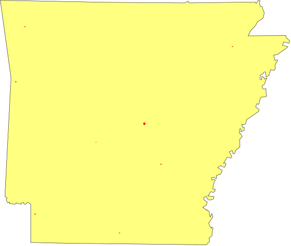 The image shows a map of Arkansas with an overlay that appears to be satellite data indicating some sort of activity or event across various areas within its borders.