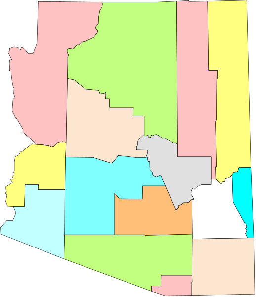 The map shows a stylized representation of an Arizona state with various counties highlighted by different colored regions within it.