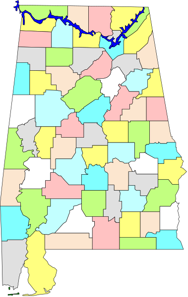 The map shows a stylized representation of Alabama with various counties highlighted by different colored shapes within its borders.