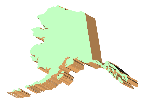 The image shows a pixelated representation of an island with mountains on it against a dark background.