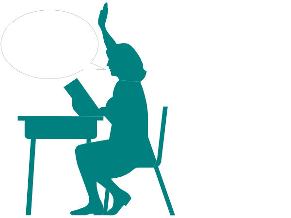 The image shows a black silhouette of an adult sitting at a desk with their back to us; above them is speech bubble containing text that reads "YES!"; next to this figure stands another person, also in silhouette and facing away from us but towards the first figure, holding up both hands as if gesturing or celebrating. The background of the image appears darkened except for a small area on the right side where there is light shining down upon an open book with pages visible; this illuminated section has no text within it.