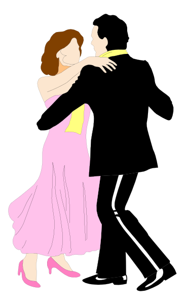 The image shows a black and white silhouette of two dancers dancing together with their arms around each other against an abstract background that appears to be dark gray in color.