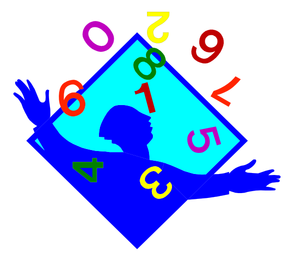 The image shows a blue diamond with various numbers around it on different sides; inside is an illustration of someone dancing under what appears to be falling confetti-like shapes in shades of red, green, yellow and purple.