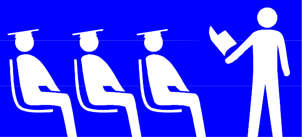 The image shows a blue sign with white silhouettes of three chairs on it; there is no text present within this small clip-art image.