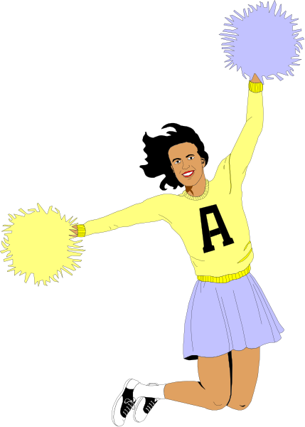 The illustration shows a cheerleader with pom poms celebrating an achievement by holding up her arms triumphantly while wearing a yellow sweater with "A" on it over black background.