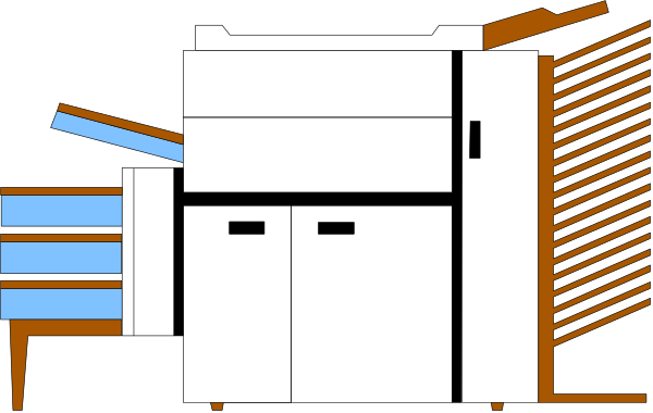 The image shows a black and white line drawing of an industrial machine with various parts such as gears, cylinders, pipes, and other mechanical components arranged in layers on top of each other against a dark background.
