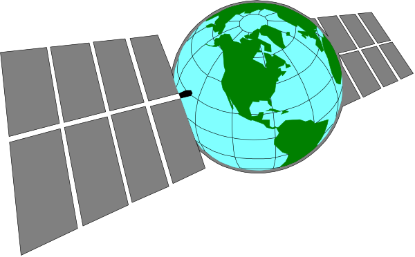 The image shows a satellite dish with an Earth globe on it against a black background; there is no text present within this small clip-art graphic.