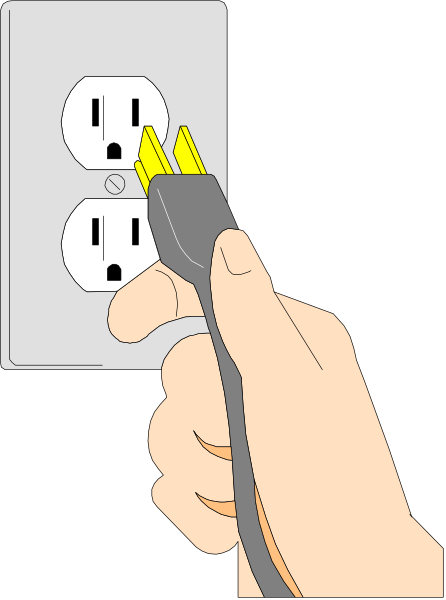 The illustration shows a hand holding an electric plug into a socket with two outlets visible on it; there is no text present in this image.