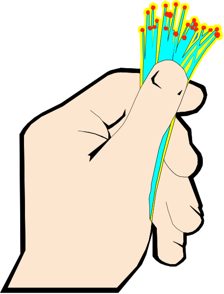 The image shows a hand holding an object that resembles a bundle of wires with red dots on them against a black background.