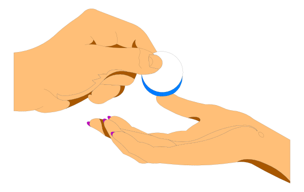 The image shows a hand holding an object that resembles a pill capsule over another person's open palm with fingers spread out in front of them against a black background.