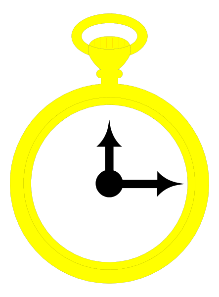 The image shows a yellow pocket watch with black numbers on its face against an indistinct background; it has two hands indicating time but no hour hand is visible due to angle of view.
