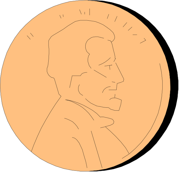 The image shows two orange coins with a man's face on them; there is no text present within this clip-art representation of an American penny.