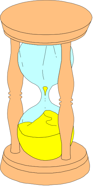The image shows a clock with an hourglass inside it on top of what appears to be a table or shelf against a plain background.
