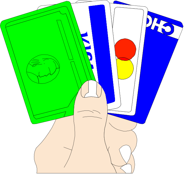The image shows a hand holding four credit cards of different types: Visa, Mastercard, American Express (Amex), and Discover Card; each card is displayed against its corresponding logo on their respective backgrounds—blue for AmEx, green for Discover, white with red stripe for Visa, and blue with yellow circle for MasterCard.