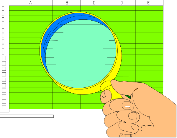 The image shows a magnifying glass being held up to inspect something on what appears to be an electronic device with graphs displayed; there is no text present in this clip-art illustration.