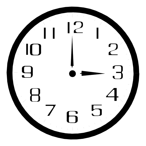 The black and white clock shows a time of approximately nine minutes past seven o'clock with numbers 1 through 9 visible on its face. It has two hands indicating hours and seconds but no minute hand is shown, suggesting it may be an analogue style image or that this detail was intentionally omitted for simplicity. The background appears to be black which contrasts sharply against the white clockface making all details easily distinguishable.