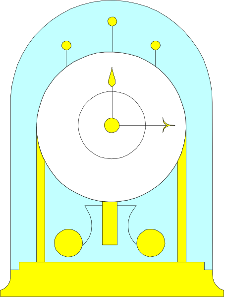 The image shows a clock with Roman numerals inside an arched structure that resembles a small temple-like building against a blue background.