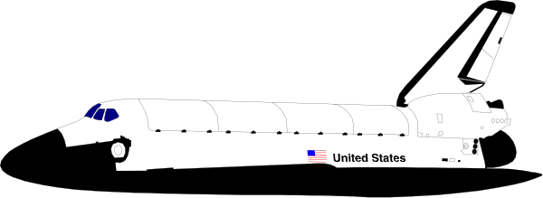The image shows a space shuttle with an american flag on it parked next to what appears to be a large airplane in front of which is text that reads "united states".
