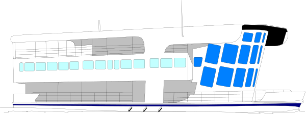 The image shows a black and white illustration of an airplane with blue windows flying through clouds against a gray sky background.