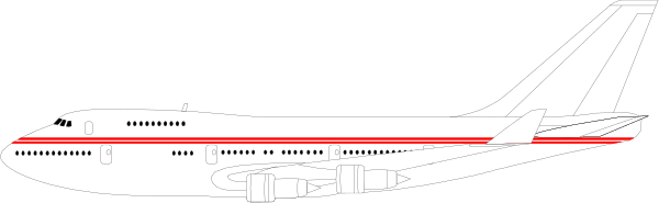 The image shows a large airplane with red stripes on its body against an overcast sky background.