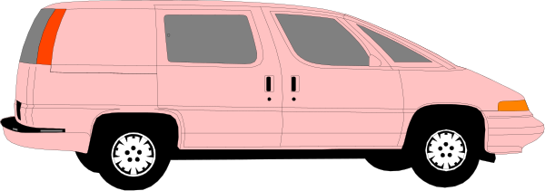 The image shows a pink van parked next to another vehicle with its door open on what appears to be an overcast day in an urban environment.