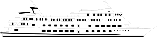 The black and white photo shows a large boat with multiple levels on water under an overcast sky at nighttime.