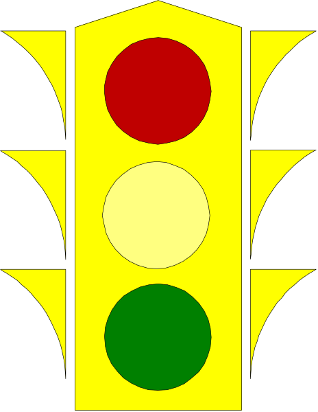 The image shows a traffic light with three colored lights: red on top left, yellow at bottom center, green to right of it.
