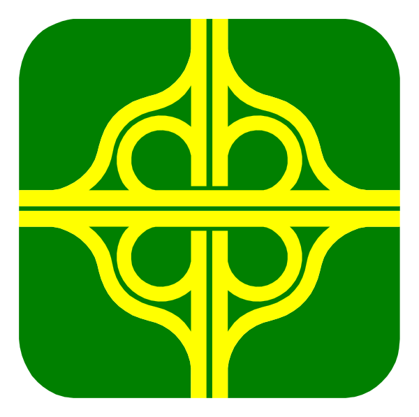 The image shows a stylized icon of an interlocking road sign with two arrows forming a circle around it on top of what appears to be a green background.