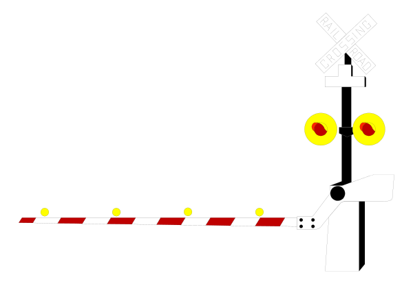The image shows a black and white pixelated scene with two characters: on the left is an animated character resembling Scooby-Doo wearing his signature red collar; to its right stands another cartoon figure, which appears to be Fred from "Scooby Doo," also in monochrome. They are standing next to a railroad crossing sign and tracks with lights flashing on them at nighttime.