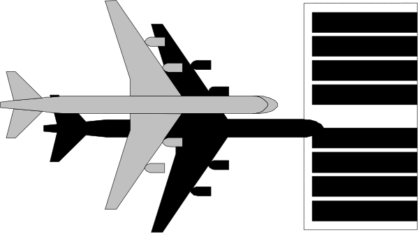 The black and white illustration shows a plane on an airport runway with its landing gear down, indicating it is preparing for takeoff; there's also another airplane in flight above labeled "aircraft 2" along with some control tower-like structures that resemble radar or communication equipment. There are no people or animals visible within the image. The setting appears to be an airport environment during daylight hours, as suggested by the clear visibility of all elements and their relative positions indicating a typical runway layout at such facilities.