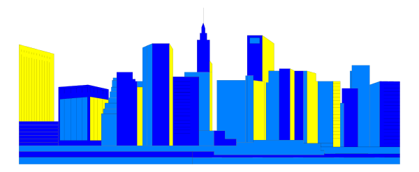 The image shows a city skyline at night with various buildings illuminated against a dark background.