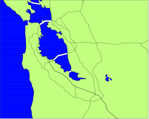 The image shows a map of California with San Francisco Bay highlighted on it, indicating that there is an island within this bay area.