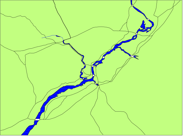 The image shows a map with various geographical features such as rivers, roads, and land masses depicted on it against a green background.