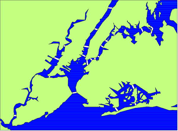 The image shows a map of New York City with waterways highlighted on it against a green background.