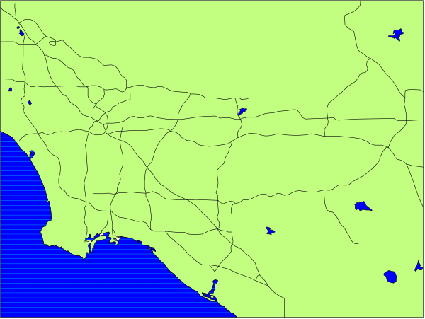 The map shows a state with various cities marked on it, including San Francisco Bay Area, Sacramento Valley, Los Angeles Basin, Central Coast Region, Sierra Nevada Mountains, Desert Regions of California, and Borderlands regions near Mexico.