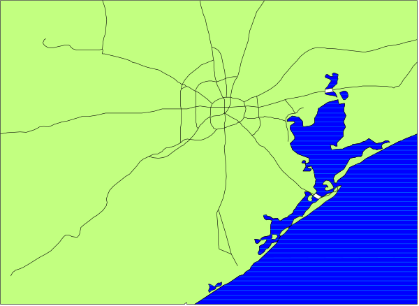 The image shows a map of an area with various landmarks labeled on it, including roads like "Main St" and bodies of water such as lakes and rivers.