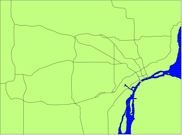 The image shows a stylized map of an area with green borders representing roads overlaid on top of it.
